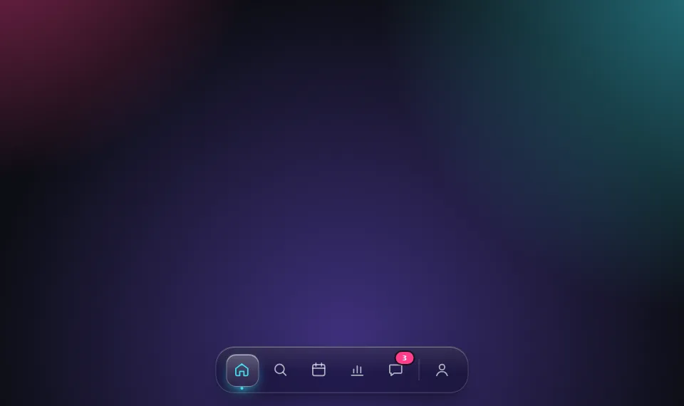 Dock de vidrio flotante con iconos sobre un fondo de luces