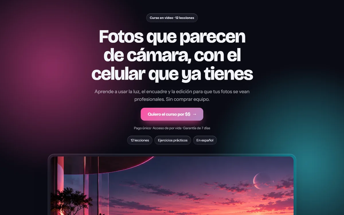 Landing de venta de vidrio con título grande, botón de compra e imagen