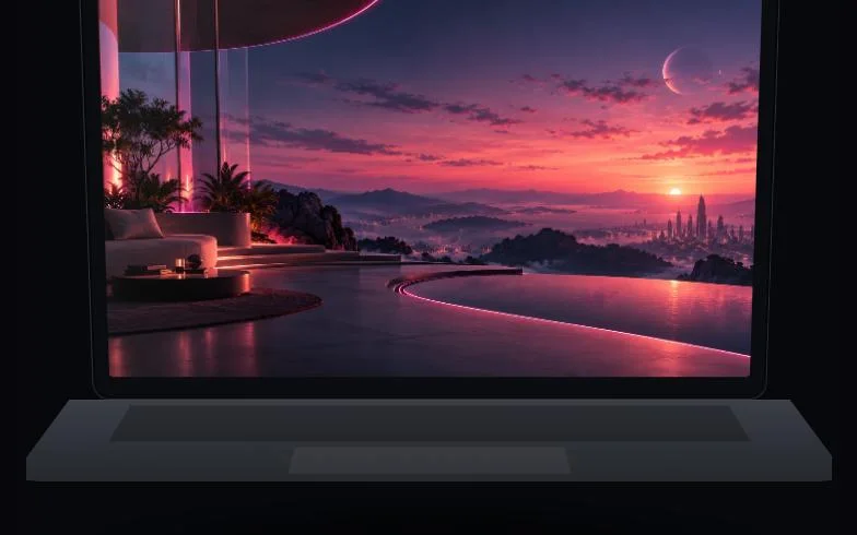 Laptop 3D abierta mostrando una terraza al atardecer en su pantalla